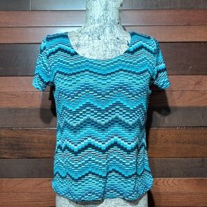 Notations Teal & Blue Patterned Short Sleeve Scoop Neck Top